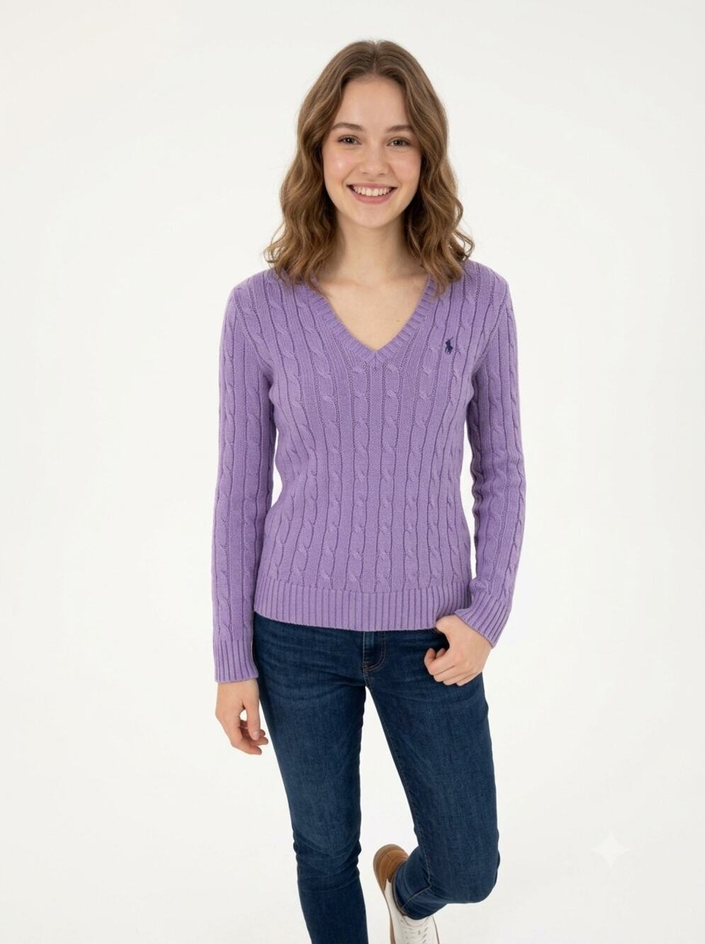 Polo Ralph Lauren V-Neck Sweater Women's S Lavender Cable Knit Pony Logo Rib Hem